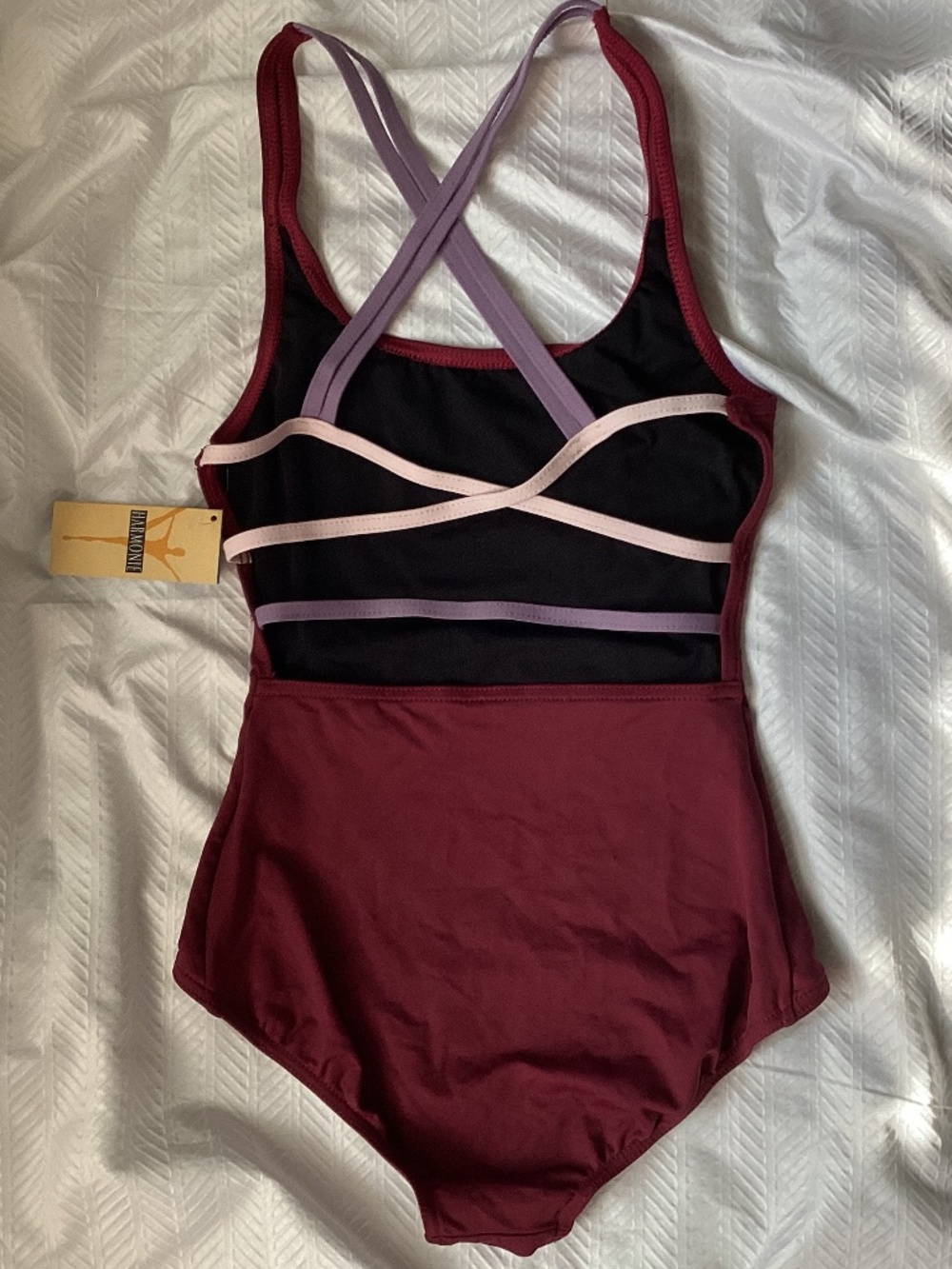 Harmonie Bodywear Cami Dance Leotard Burgundy w/ Pink Purple strappy back XS NEW - Picture 2 of 8
